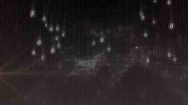 Ağ görselleştirmesi üzerinden ikili kodlu dijital veri işleme animasyonu. Teknoloji, yazılım, bilgi, bağlantı