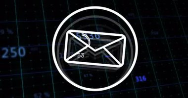 Animasyon arka planına sahip dijital ızgarada yüzdelik kaplama içeren bir e- posta simgesi. modern, arayüz, teknoloji, iletişim, ağ
