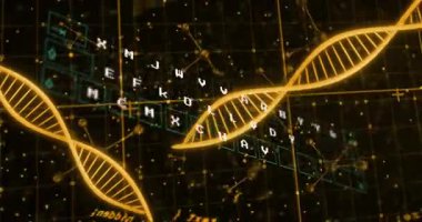 Bilimsel görsellemede DNA iplikçiklerinin ve harflerin dijital şebeke üzerinde canlandırılması. Biyoteknoloji, genetik, molekül, veri, yenilik, bilim