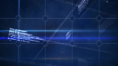 Dijital veri akışlarının animasyonu ve mavi ızgarada akan ikili kod. Teknoloji, ağ, matris, siber, fütürist