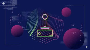 Renkli çizgileri ve koyu arkaplanda soyut küreleri olan retro joystickler. oyun, teknoloji, vintage, design, digital, futuristic