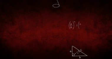 Kırmızı desenli arka plan üzerinde matematiksel denklemlerin ve diyagramların animasyonu. Matematik, soyut, bilim, eğitim, geometri, öğrenim