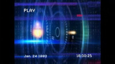 Fütürist elementler ve geçmişe ait zaman damgası içeren ikili kodlu dijital animasyon. Teknoloji, siber, veri, yenilik