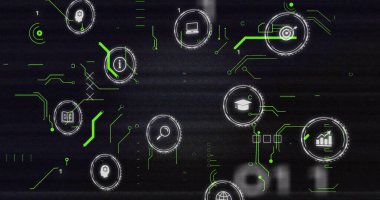 Ortam simgeleri üzerinden veri ile bağlantı ağının resmi. Teknoloji, iş ve dijital arayüz kavramı dijital olarak oluşturulmuş görüntü.