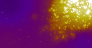 Parlayan sarı parçacıklar ve mor arkaplan üzerinde ışık patlamaları dinamik bir görüntü oluşturur. enerjik, enerjik, hareketli, parlak, parlak, soyut