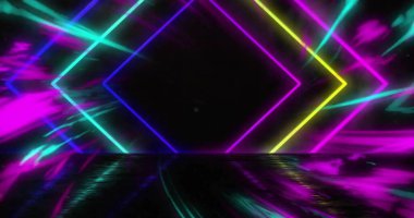 Neon geometrik şekiller ve yansımalar, koyu arkaplan üzerinde canlı bir görüntü. soyut, fütüristik, parlak, tasarım, modern, dijital
