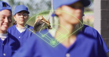 Beyzbol sahası diyagramı görüntüsü mavi üniformalı oyuncuların üzerinde. Spor, takım, strateji, atıcı, yakalayıcı, takım çalışması