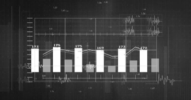 Siyah arka planda finansal veri işleme resmi. Küresel finansman, iş, bilgisayar ve dijital arayüz kavramı dijital olarak oluşturuldu.