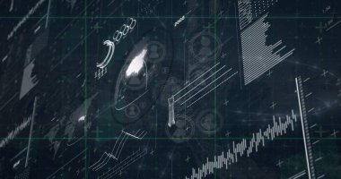 Diyagramlar ve veri işleme üzerine ortam simgelerinin resmi. Küresel iş ve dijital arayüz kavramı dijital olarak oluşturulmuş görüntü.