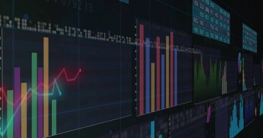 İstatistikler üzerinden finansal veri işleme resmi. Dijital olarak oluşturulmuş küresel bağlantılar, hesaplama ve veri işleme kavramı.