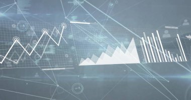 Diyagramlar ve veri işleme üzerine ortam simgelerinin resmi. Küresel iş ve dijital arayüz kavramı dijital olarak oluşturulmuş görüntü.