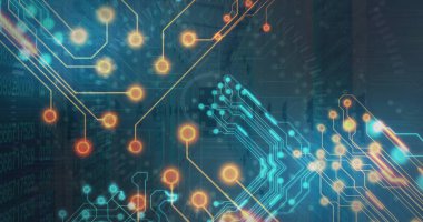 Sunucu odasının üstündeki bilgisayar devre kartının resmi. Küresel teknoloji, bilgisayar ve dijital arayüz kavramı dijital olarak oluşturulmuş görüntü.