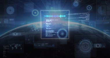 Siyah arkaplanda veri işleme görüntüsü. Küresel teknoloji, bilgisayar, çevrimiçi güvenlik ve dijital arayüz kavramı dijital olarak oluşturulmuş görüntü.