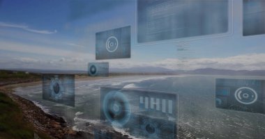 Manzara üzerinde veri işleme resmi. Teknoloji, doğa ve dijital arayüz kavramı dijital olarak oluşturulmuş görüntü.