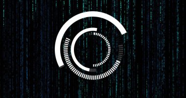 Kapsam taraması ve siyah arkaplanda düşen noktalar. Sosyal medya, şekiller ve dijital arayüz kavramı dijital olarak oluşturuldu.