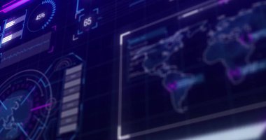 Dünya haritası ve kara arka planda dünya ile finansal veri işleme görüntüsü. Küresel iş, finans, hesaplama ve dijital arayüz kavramı dijital olarak oluşturuldu.