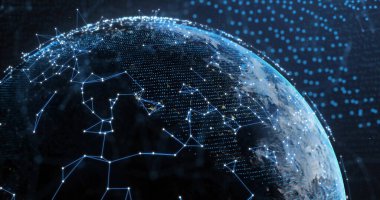 Dijital ağ bağlantıları ve veri işleme görüntüsü Dünya 'nın yüzeyinde. Teknoloji, bağlantı, siber uzay, küresel, iletişim, bilgi