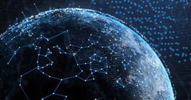 Dünya üzerindeki bağlantı ağının görüntüsü. Dijital olarak oluşturulmuş küresel bağlantılar, hesaplama ve veri işleme kavramı.