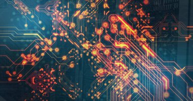 Bilgisayar sunucularının üzerindeki dijital veri işleme ve devre kartının resmi. Dijital olarak oluşturulmuş küresel bağlantılar, hesaplama ve veri işleme kavramı.