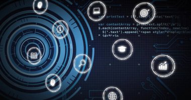 Kara arkaplan taraması ile veri işleme üzerinde iş simgeleri resmi. Küresel teknoloji, bilgisayar ve dijital arayüz kavramı dijital olarak oluşturulmuş görüntü.