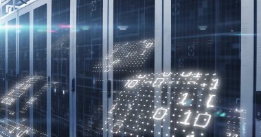 Bilgisayar sunucuları üzerinden dijital veri işleme resmi. Dijital olarak oluşturulmuş küresel bağlantılar, hesaplama ve veri işleme kavramı.