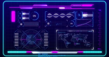 Mor arkaplan üzerinde dijital veri işleme resmi. Dijital olarak oluşturulmuş küresel bağlantılar, hesaplama ve veri işleme kavramı.