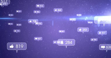 Sosyal medya bildirimleri ve mor arkaplanlı ve ışıklı görüntüleri seviyor. bağlılık, çevrimiçi, dijital, iletişim, etkileşim, ağ