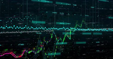 Siyah arkaplan üzerinden finansal veri işleme resmi. Küresel finans, iş, bağlantılar, hesaplama ve veri işleme kavramı dijital olarak oluşturuldu.