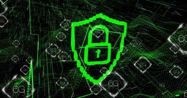 Dijital veri işleme resmi ve asma kilit simgesi olan 6G metin. Küresel siber güvenlik, bağlantılar, hesaplama ve veri işleme kavramı dijital olarak oluşturuldu.