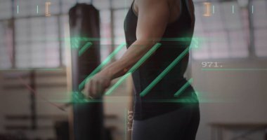 Spor salonunda ip atlayan beyaz bir kadının veri işleme görüntüsü. Teknoloji, spor ve dijital arayüz kavramı dijital olarak oluşturulmuş görüntü.