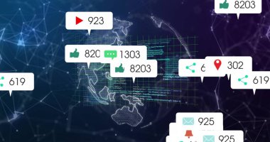 Ortam simgeleri ve dünya üzerinde veri işleme resmi. İş, teknoloji ve dijital arayüz kavramı dijital olarak oluşturuldu.