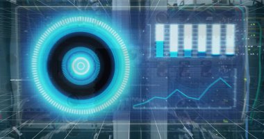 Mavi dairesel tarayıcıların ve grafik işleme verilerinin sunucularda görüntüsü. Bağlantı, veri, işleme, dijital arayüz, iş, ağ ve küresel iletişim, dijital olarak oluşturulmuş görüntü.