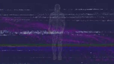 Kusurlu mor ve mavi dijital arkaplan karşısında duran insan figürünün animasyonu. Soyut, geleceksel, teknoloji, sanal, siber, arka plan