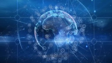 Ağ bağlantıları ve yüzen veri simgeleriyle dijital küreyi gösteren animasyon. Teknoloji, bağlantı, küresel, ağlar, yenilik, internet