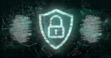 Biyometrik parmak izleri üzerinde asma kilit ve veri işleme resmi. Küresel siber güvenlik, bağlantılar, hesaplama ve veri işleme kavramı dijital olarak oluşturuldu.