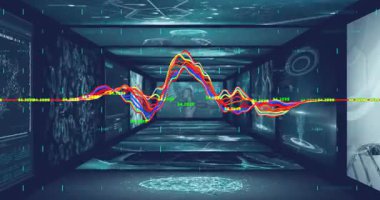 Okulda renkli dalga formlarını gösteren ve bilimsel verileri işleyen animasyonlar. Bilim, teknoloji, analiz, eğitim, araştırma, dijital