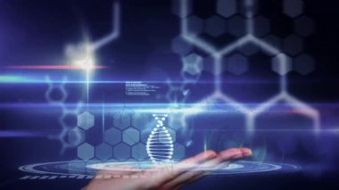 Fütürist grafiklerle DNA iplikçiklerinin ve verilerin açık elle canlandırılması. Biyoteknoloji, genetik, yenilik, bilim, holografi, dijital