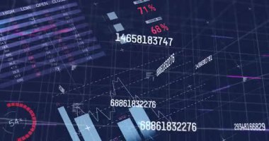 Dünya haritası üzerinde sayısal verilerle finansal grafiklerin ve pasta grafiklerinin animasyonu. Finans, veri analizleri, küresel, ekonomi, istatistiksel, yatırım