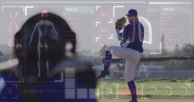 Beyzbolcu, spor performans analizi imajı üzerinde çalışıyor. atıcı, teknoloji, veri, hareket, atlet, atletizm