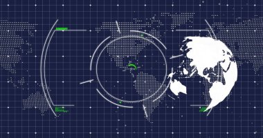 Koyu arkaplan üzerinde küre ve veri işleme görüntüsü. Küresel iş, bağlantılar, hesaplama ve veri işleme kavramı dijital olarak oluşturulmuş resim.