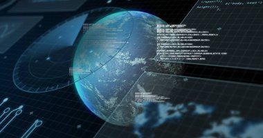 Dünya üzerinde veri işleme görüntüsü. Dijital olarak oluşturulmuş küresel bağlantılar, hesaplama ve veri işleme kavramı.