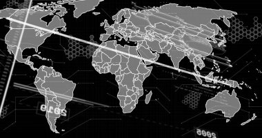 Veri işleme görüntüsü ve dünya haritası siyah zemin üzerinde. Teknoloji, iş ve dijital arayüz kavramı dijital olarak oluşturulmuş görüntü.