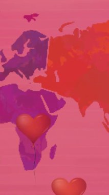 Kırmızı arkaplanda dünya haritasında emoji simgelerinin canlandırılması. küresel sosyal medya ve dijital arayüz konsepti dijital olarak oluşturulmuş video.