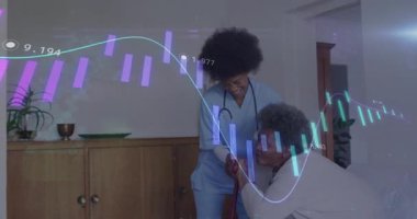Bastonlu yaşlı bir kadına yardım etmek, animasyon finansal veri sahnesinde hemşire. Yaşlı bakımı, sağlık hizmetleri, destek, hemşirelik, finans, takım çalışması