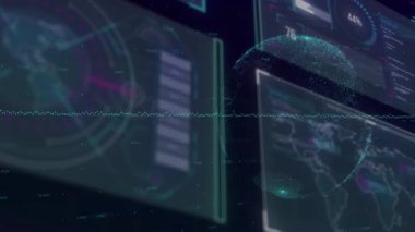 Fütürist arayüz ve holografik elementlerle dijital veri işleme animasyonu. Teknoloji, holografi, yenilik, sanal, siber güvenlik, analitik