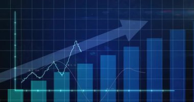 Çizgi ve çizgi grafiklerini yukarı doğru okla gösteren animasyon finansal büyümeyi gösteriyor. Finans, analitik, başarı, strateji, ilerleme, eğilim