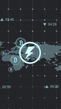 Bitcoin sembolleri üzerinde veri işleme animasyonu. Ukrayna krizi ve uluslararası politika kavramı dijital olarak oluşturuldu.