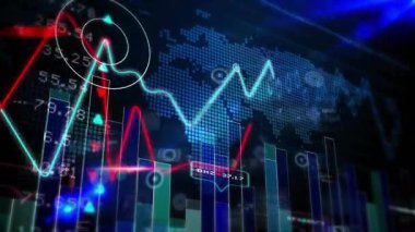 Dijital dünya haritası üzerinde finansal grafiklerin ve veri grafiklerinin animasyonu. Finans, analitik, veri görselleştirme, ekonomi, küresel, teknoloji