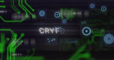 CRYPTO metniyle dijital grafiklerin devre şablonu üzerinden yeşil olarak canlandırılması. Kripto para birimi, engelleme zinciri, finans, teknoloji, elektronik, yatırım