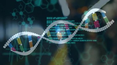 İkili kodlama ile DNA ipliği, animasyon tarzında bilimsel veri işleme. Biyoteknoloji, biyoenformatik, genomik, veri analizi, moleküller, bilim
